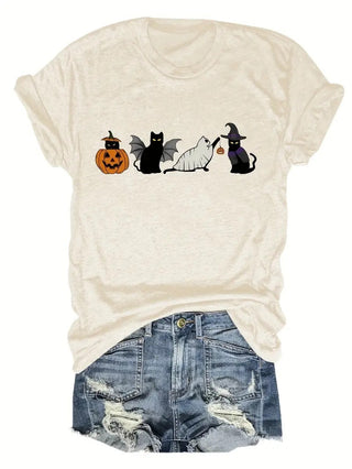 Halloween Black Cat And Pumpkin Printed Round Neck Short Sleeve - Phosgene