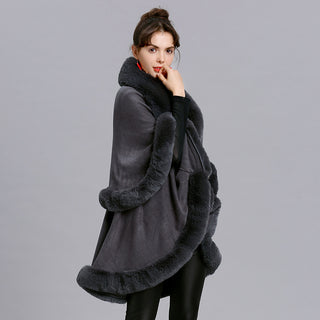 Fur Shawl And Fur Collar Knitted Cardigan Shawl Cloak - Phosgene