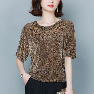 Plus Size Loose-fitting Belly-covering Bright Silk Bottoming Leopard Print Shirt - Phosgene