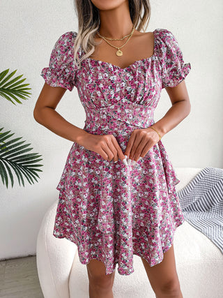 Elegant Floral Lace-up Waist-controlled Large Hem Dress Phosgene