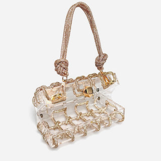 French Sweet Shiny Rhinestone Banquet Small Square Bag Phosgene