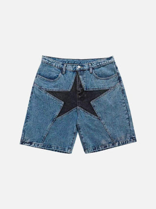 Loose Contrast Color Five-pointed Star Patch Denim Pants - Phosgene