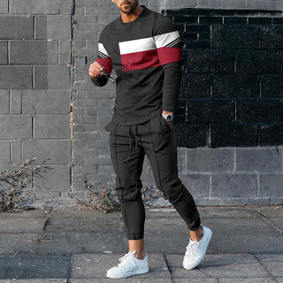 Men's Sports And Leisure Suit Pullover Round Neck Long Sleeves Striped Sweater Two Pieces Suit Phosgene