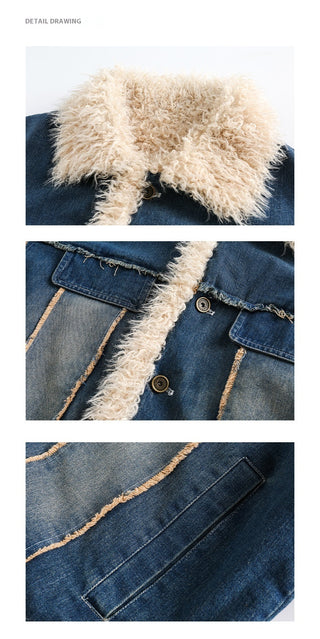 Blue Denim Fur Collar Coat Women's Retro Cotton - Phosgene