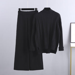 High-end Mock Neck Sweater Wide-leg Pants Suit Women - Phosgene