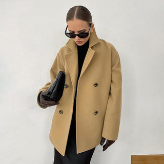 Autumn And Winter Elegant Woolen Overcoat Mid-length Loose Thick Brown Double-breasted Woolen Coat - Phosgene