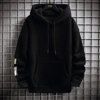 Men's Hooded Drawstring Pocket Lamb Wool Sweatshirt Velvet Padded Thickened Coat - Phosgene