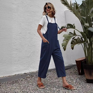 Fashion Solid Color Loose Pockets Wide Leg Jumpsuit - Phosgene