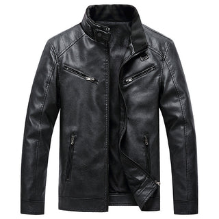 Men's Fleece Padded Coat Casual Korean-style Stand Collar PU Leather Jacket Trendy Youth - Phosgene