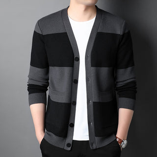 Spring And Autumn New Men's Striped Cardigan Single-breasted Long Sleeve Color Matching Casual Sweater Coat - Phosgene