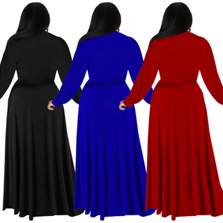 Women's Solid Color Cotton Tied Long Sleeves Swing Skirt Suit - Phosgene