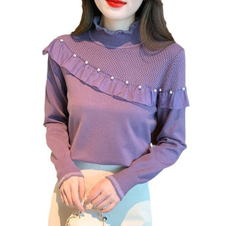 Women's Ruffled Stitching Half-high Collar Long Sleeves Knitwear - Phosgene