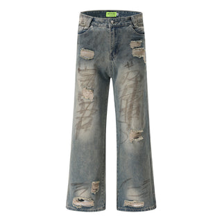 Graffiti Distressed Dirty Ripped Denim Trousers Phosgene