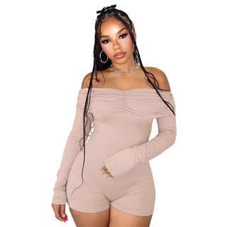 Women's Off-shoulder Pleating Long Sleeve High Waist One-piece Shorts - Phosgene