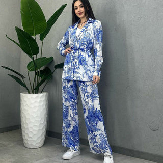 European And American Digital Printing Suit Women's Long Sleeve Loose Lace-up Casual Two-piece Suit - Phosgene