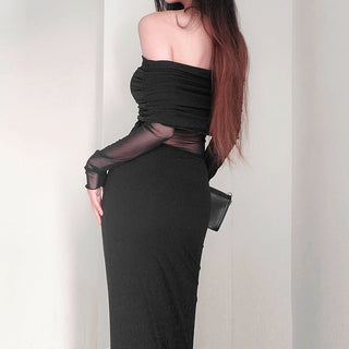 Women's Winter Sexy Off-the-shoulder Pleated Long Sleeve Polyester Dress - Phosgene