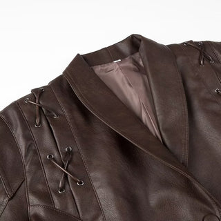 Coffee Brown Lace-up Loose Casual Leather Clothing Coat - Phosgene