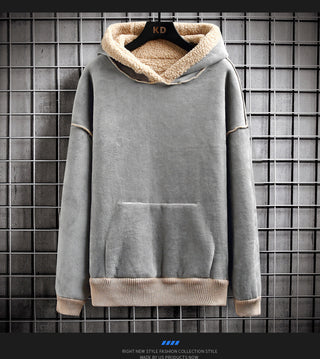 Men's Hooded Drawstring Pocket Lamb Wool Sweatshirt Velvet Padded Thickened Coat - Phosgene