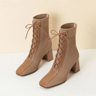 Fashion Patchwork Knitting Women's Square Toe Chunky Heel Fashion Skinny Boots - Phosgene