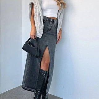 European And American Style Women's Clothing High Waist Slit Design Denim Skirt Phosgene