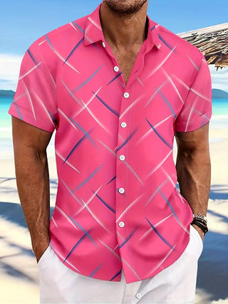 Summer New Men's Striped Feather Casual Beach Short Sleeve Button Shirt Phosgene