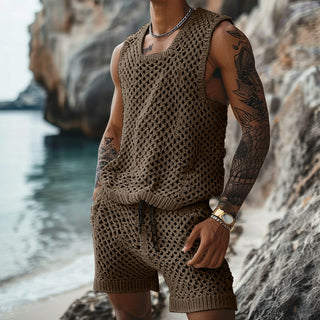 Casual Vertical Pattern Suit Slim Lapel Short Sleeve Button Shirt Shorts - Phosgene