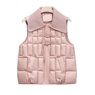 Stand Collar National Style Buckle Knitted Lapel Sleeveless Cotton-padded Jacket Vest - Phosgene