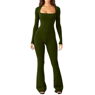 Women's Long Sleeve Belly And Waist Shaping Square Collar High Elastic Jumpsuit - Phosgene