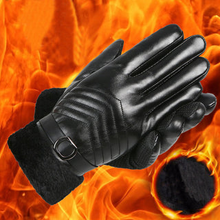 Winter Leather Gloves For Men And Women Velvet Thickened Cold-proof Warm Cycling Anti-slip Touch-screen Large Fleece Gloves - Phosgene