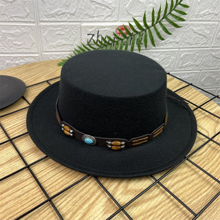 British Retro Woolen Wide Brim Flat Top Hat - Phosgene