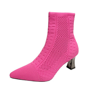 Knitted Sock Boots Women's Plus Size Short Pointed Chunky Heel - Phosgene