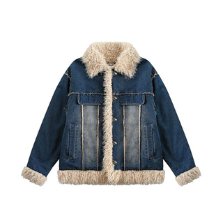 Blue Denim Fur Collar Coat Women's Retro Cotton - Phosgene