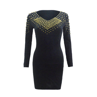 Women's V-neck Bead Sheath Long Sleeve Knitted Dress - Phosgene