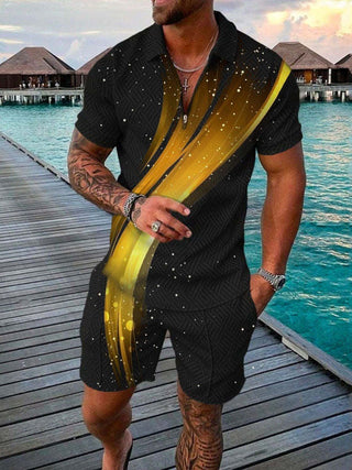 Men's Summer Fashion 3D Printed Short Sleeve Geometric Zip Lapel Shirt Set Phosgene