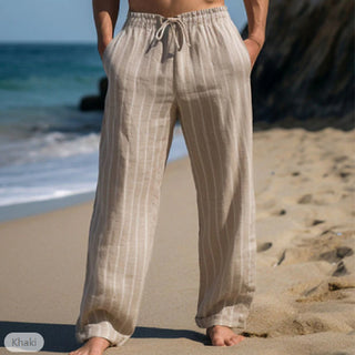 Men's Linen Drawstring Elastic Waist Straight Striped Comfortable Breathable Casual Pants Phosgene