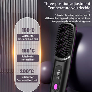 2 In 1 Straight Hair Comb Wireless Hair Straightener Brush Hair Fast Heating Portable Hot Curler USB Charging - Phosgene