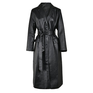 Waist-tight Show Thin Black PU Leather Temperament Coat Commute Leisure Long High-grade Windbreaker - Phosgene