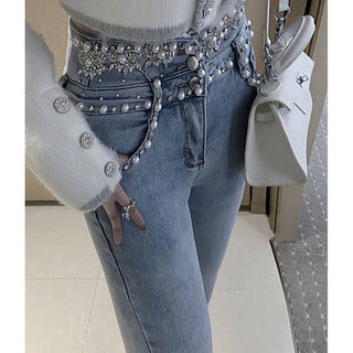 High Rise Single Breasted Jeans With Beads And Wool Stitching - Phosgene