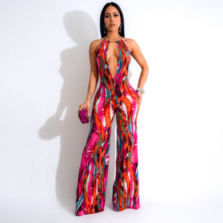 Multicolor Wave Deep V Bare Back High Waist Casual Pants - Phosgene