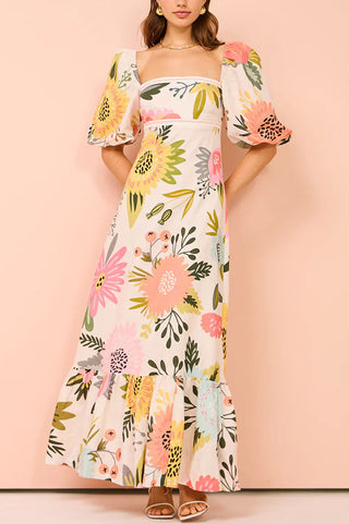 Casual Off-neck Printed Lantern Sleeve Dress Phosgene