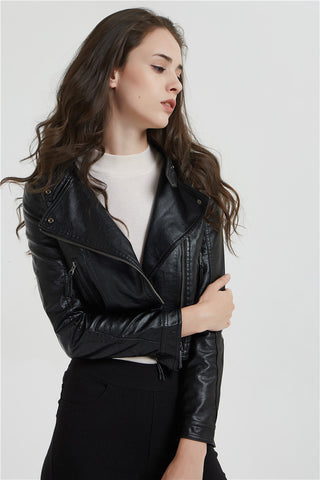 Fashion Women's Short Jacket With Washed Leather And Rivets - Phosgene