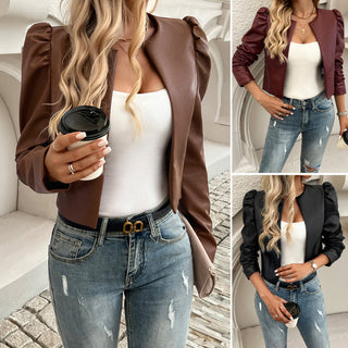 Jacket Women's Temperament Leisure Cardigan Solid Color Leather Coat - Phosgene