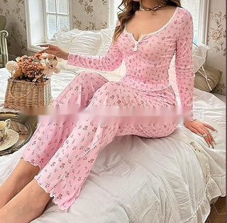 Small Floral Print Lettuce Edge Lace Collar Button Pajamas Suit Phosgene