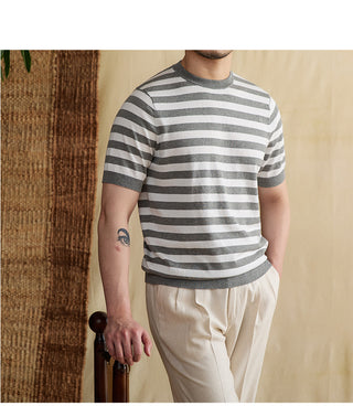 Striped Navy-striped Shirt Breathable Tencel Cotton Round Neck Short Sleeve T-shirt Phosgene