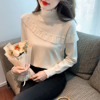 Women's Ruffled Stitching Half-high Collar Long Sleeves Knitwear - Phosgene