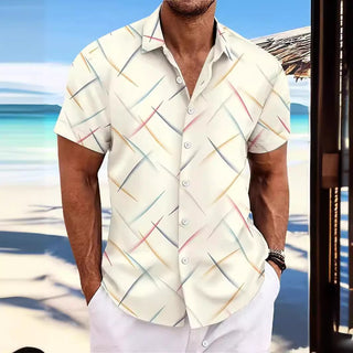 Summer New Men's Striped Feather Casual Beach Short Sleeve Button Shirt Phosgene